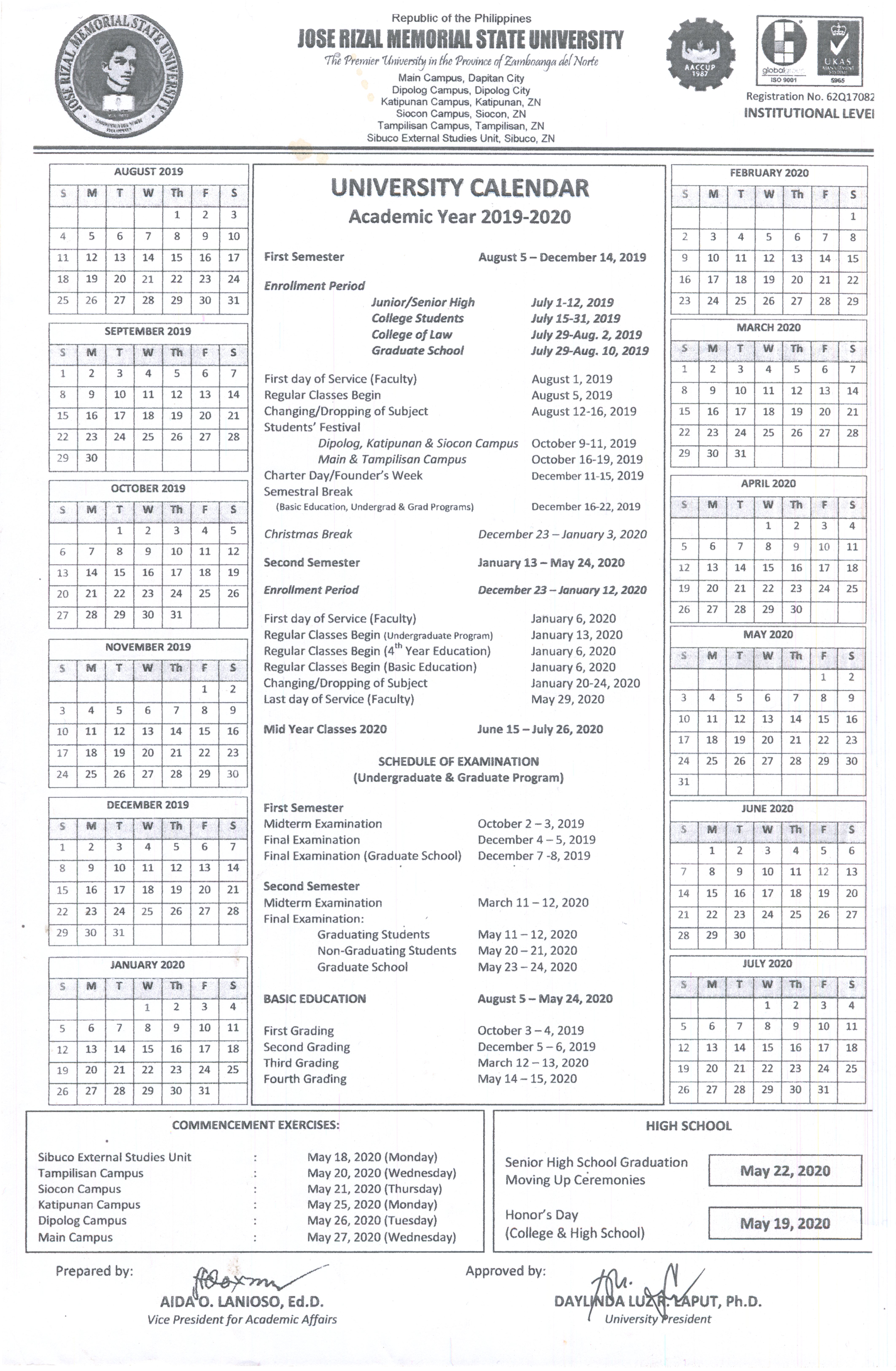 university calendar